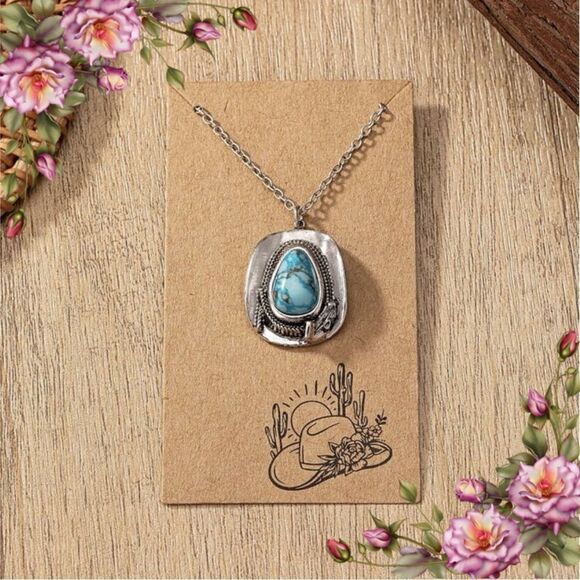 Western Turquoise Stone Decor Cowboy Hat Pendant Necklace - Picture 1 of 10